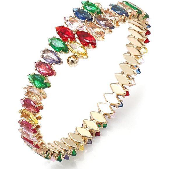 Gold Colorful Rhinestone Cuff Bracelet Cubic Zirconia Tennis Bracelets for Women - Picture 1 of 7
